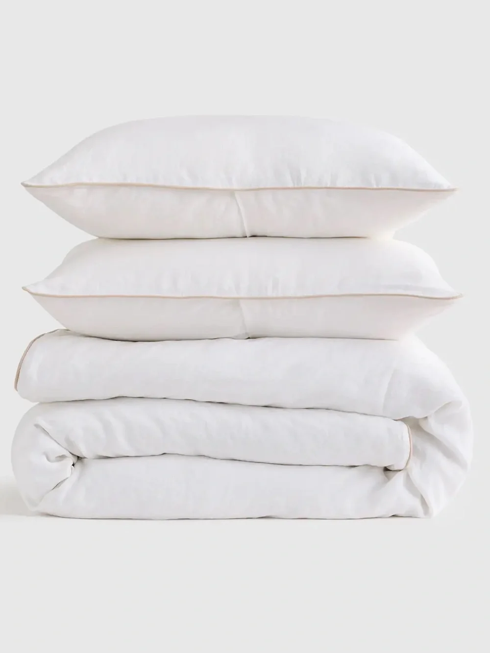 Quince European 100% Linen Piped Duvet Cover Set White W/ Toffee Full/Queen